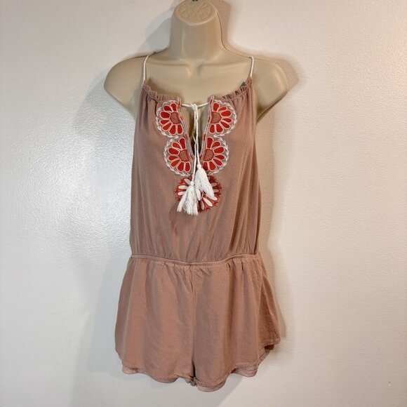 Lulus Romper L Barcelona Beauty Blush Pink Embroidered Floral Tassel Boho Beach - Picture 3 of 11